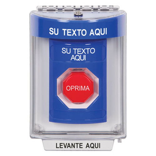 SS2432ZA-ES STI Blue Indoor/Outdoor Flush Key-to-Reset (Illuminated) Stopper Station with Non-Returnable Custom Text Label Spanish