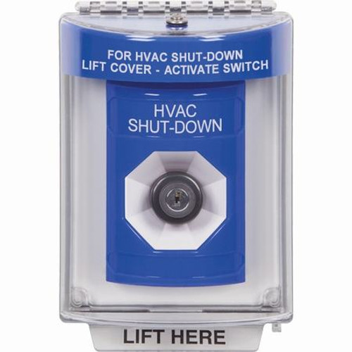 SS2433HV-ES STI Blue Indoor/Outdoor Flush Key-to-Activate Stopper Station with HVAC SHUT DOWN Label Spanish