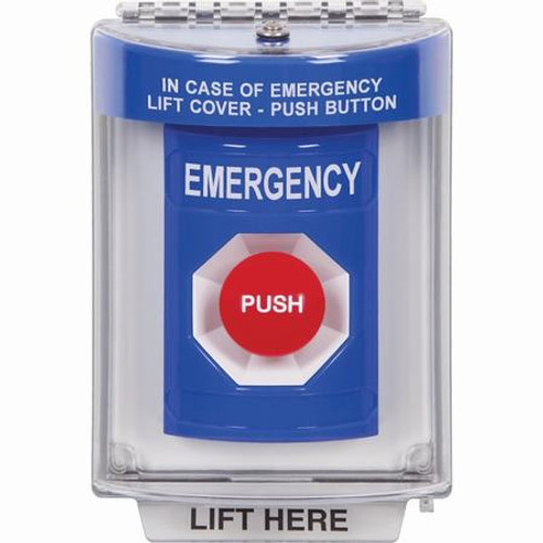 SS2434EM-ES STI Blue Indoor/Outdoor Flush Momentary Stopper Station with EMERGENCY Label Spanish