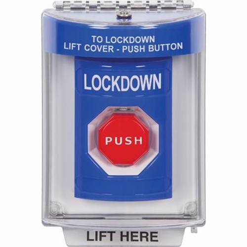 SS2435LD-ES STI Blue Indoor/Outdoor Flush Momentary (Illuminated) Stopper Station with LOCKDOWN Label Spanish