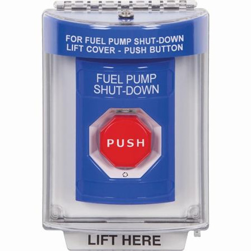 SS2439PS-ES STI Blue Indoor/Outdoor Flush Turn-to-Reset (Illuminated) Stopper Station with FUEL PUMP SHUT DOWN Label Spanish