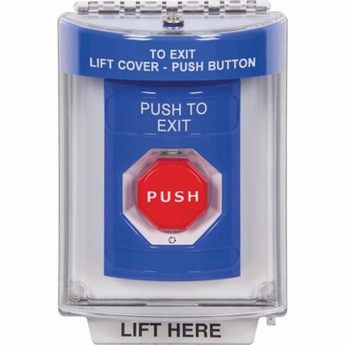 SS2439PX-ES STI Blue Indoor/Outdoor Flush Turn-to-Reset (Illuminated) Stopper Station with PUSH TO EXIT Label Spanish