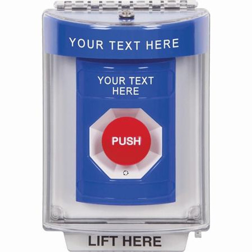 SS2441ZA-ES STI Blue Indoor/Outdoor Flush w/ Horn Turn-to-Reset Stopper Station with Non-Returnable Custom Text Label Spanish
