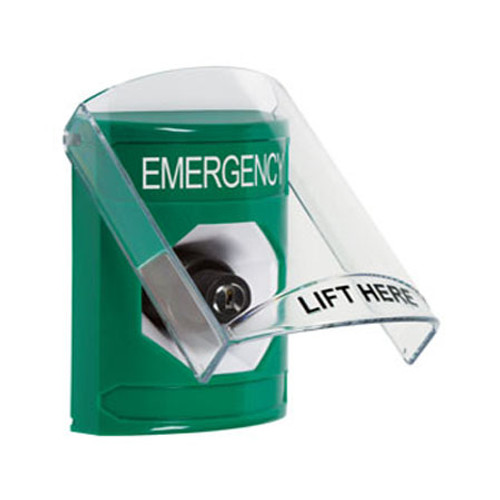 SS2123EM-EN STI Green Indoor Only Flush or Surface Key-to-Activate Stopper Station with EMERGENCY Label English