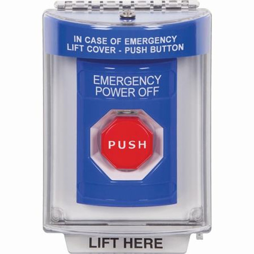 SS2445PO-ES STI Blue Indoor/Outdoor Flush w/ Horn Momentary (Illuminated) Stopper Station with EMERGENCY POWER OFF Label Spanish