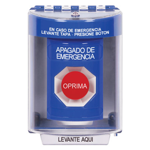 SS2474PO-ES STI Blue Indoor/Outdoor Surface Momentary Stopper Station with EMERGENCY POWER OFF Label Spanish