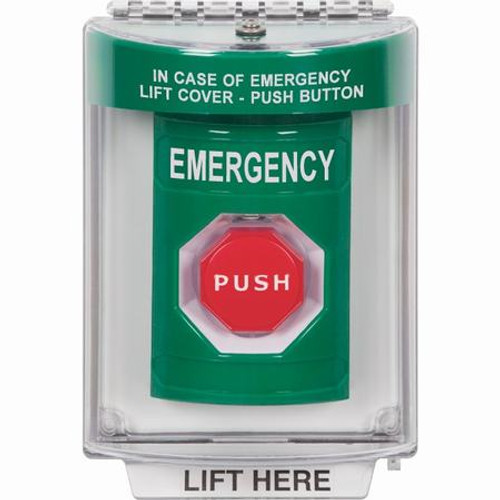 SS2138EM-EN STI Green Indoor/Outdoor Flush Pneumatic (Illuminated) Stopper Station with EMERGENCY Label English