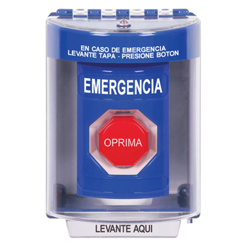 SS2478EM-ES STI Blue Indoor/Outdoor Surface Pneumatic (Illuminated) Stopper Station with EMERGENCY Label Spanish