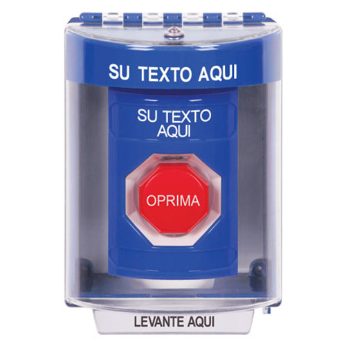 SS2478ZA-ES STI Blue Indoor/Outdoor Surface Pneumatic (Illuminated) Stopper Station with Non-Returnable Custom Text Label Spanish