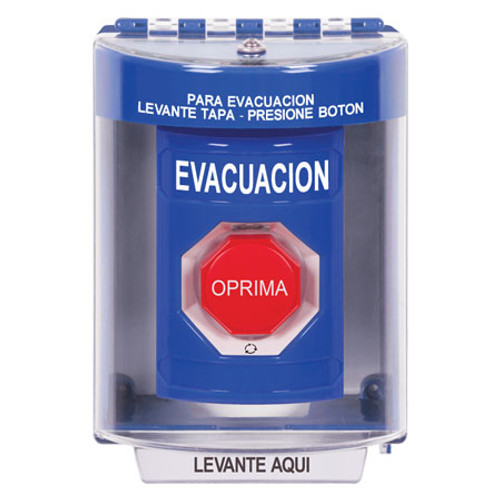 SS2479EV-ES STI Blue Indoor/Outdoor Surface Turn-to-Reset (Illuminated) Stopper Station with EVACUATION Label Spanish