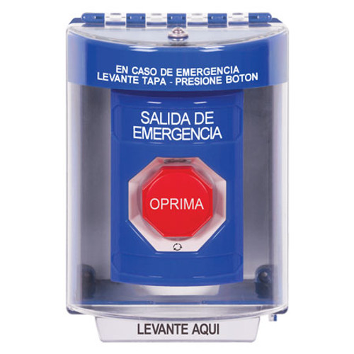 SS2479EX-ES STI Blue Indoor/Outdoor Surface Turn-to-Reset (Illuminated) Stopper Station with EMERGENCY EXIT Label Spanish