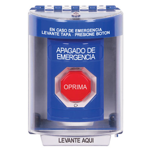 SS2479PO-ES STI Blue Indoor/Outdoor Surface Turn-to-Reset (Illuminated) Stopper Station with EMERGENCY POWER OFF Label Spanish