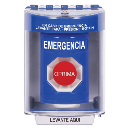 SS2484EM-ES STI Blue Indoor/Outdoor Surface w/ Horn Momentary Stopper Station with EMERGENCY Label Spanish