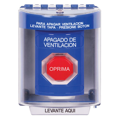 SS2485HV-ES STI Blue Indoor/Outdoor Surface w/ Horn Momentary (Illuminated) Stopper Station with HVAC SHUT DOWN Label Spanish