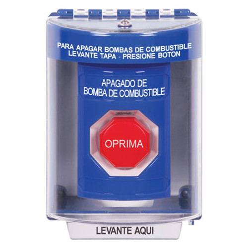 SS2485PS-ES STI Blue Indoor/Outdoor Surface w/ Horn Momentary (Illuminated) Stopper Station with FUEL PUMP SHUT DOWN Label Spanish