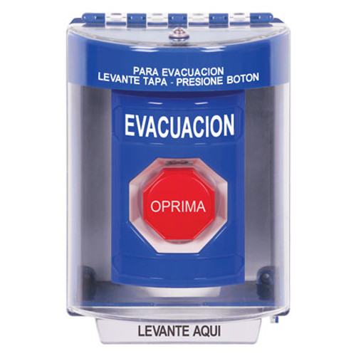 SS2488EV-ES STI Blue Indoor/Outdoor Surface w/ Horn Pneumatic (Illuminated) Stopper Station with EVACUATION Label Spanish