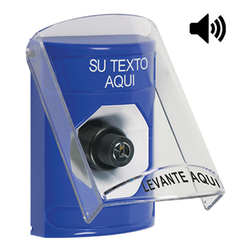 SS24A3ZA-ES STI Blue Indoor Only Flush or Surface w/ Horn Key-to-Activate Stopper Station with Non-Returnable Custom Text Label Spanish