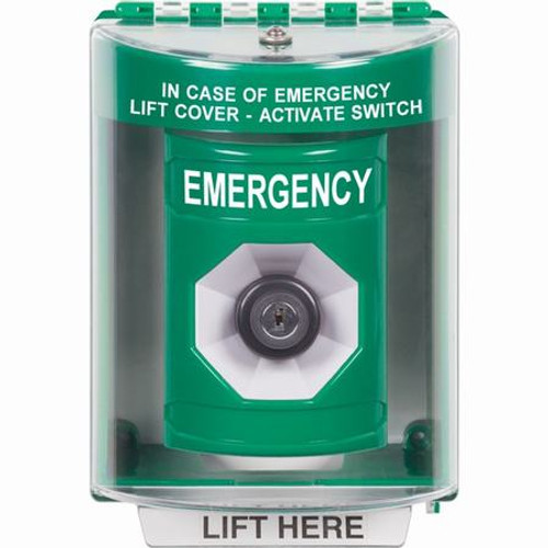 SS2183EM-EN STI Green Indoor/Outdoor Surface w/ Horn Key-to-Activate Stopper Station with EMERGENCY Label English