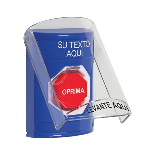 SS24A8ZA-ES STI Blue Indoor Only Flush or Surface w/ Horn Pneumatic (Illuminated) Stopper Station with Non-Returnable Custom Text Label Spanish