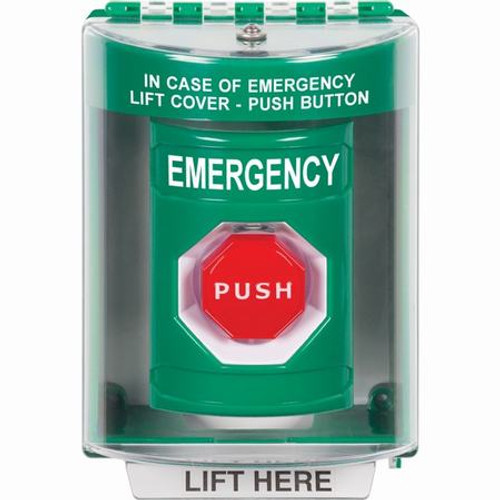SS2188EM-EN STI Green Indoor/Outdoor Surface w/ Horn Pneumatic (Illuminated) Stopper Station with EMERGENCY Label English