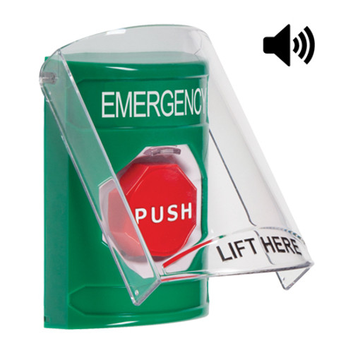 SS21A8EM-EN STI Green Indoor Only Flush or Surface w/ Horn Pneumatic (Illuminated) Stopper Station with EMERGENCY Label English