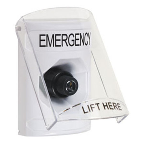 SS2323EM-EN STI White Indoor Only Flush or Surface Key-to-Activate Stopper Station with EMERGENCY Label English