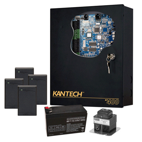 EK-400-MTSG Kantech Expansion Kit with 4 x KT-SG-MT Single Gang isoSmart Card Readers, 1 x TR1675 Transformer and 1 x KT-BATT-12 Battery