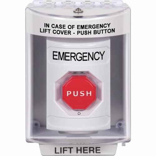 SS2379EM-EN STI White Indoor/Outdoor Surface Turn-to-Reset (Illuminated) Stopper Station with EMERGENCY Label English