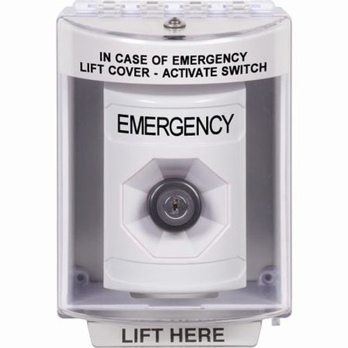 SS2383EM-EN STI White Indoor/Outdoor Surface w/ Horn Key-to-Activate Stopper Station with EMERGENCY Label English