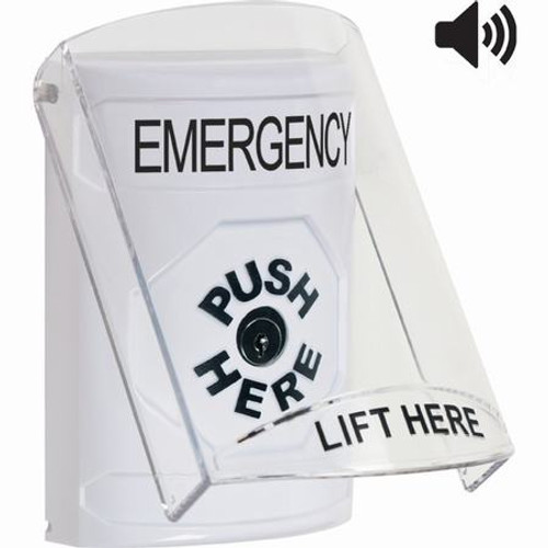 SS23A0EM-EN STI White Indoor Only Flush or Surface w/ Horn Key-to-Reset Stopper Station with EMERGENCY Label English