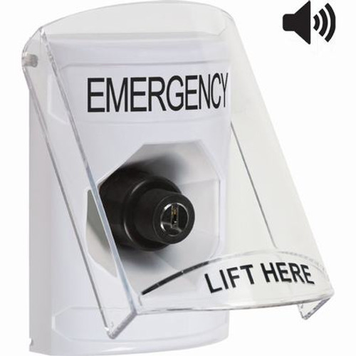 SS23A3EM-EN STI White Indoor Only Flush or Surface w/ Horn Key-to-Activate Stopper Station with EMERGENCY Label English