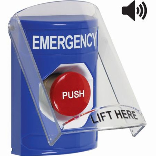 SS24A4EM-EN STI Blue Indoor Only Flush or Surface w/ Horn Momentary Stopper Station with EMERGENCY Label English