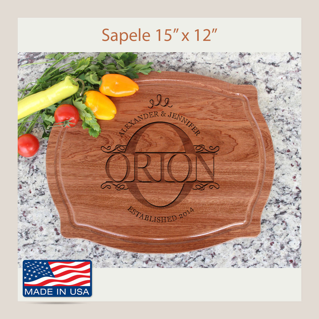 9 x 12 Oval Walnut Cutting Board with Laser Engraved Names and Wedding Date