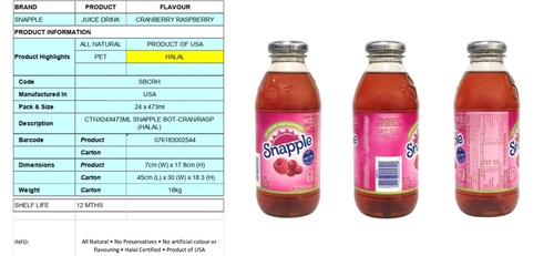 Snapple All Natural Juice Drink Cranberry/Raspberry, (PET) 24 x 473ml