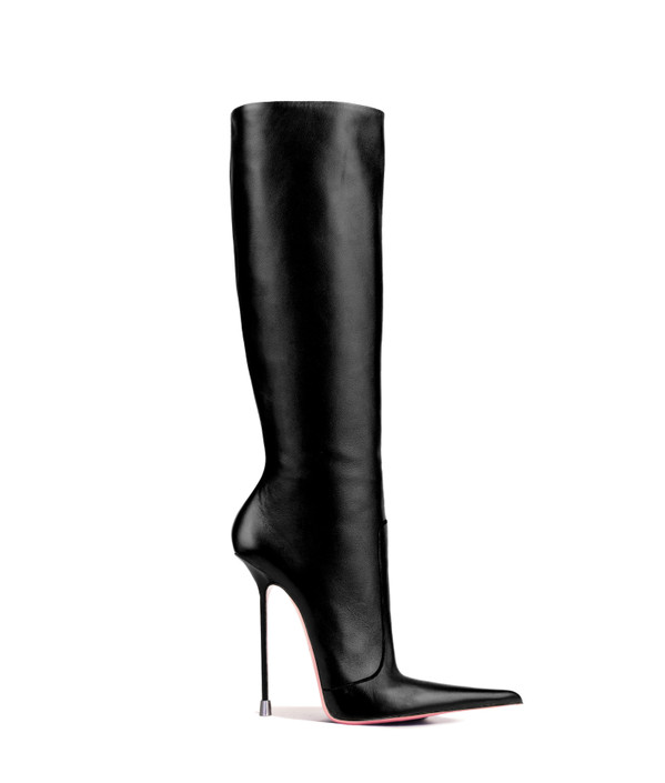 Ilda 125 BLACK · NAPA - Luxury Heel Boots - Woman - Charlotte Luxury  · Luxury High Heel Pointy Boots · Vicenzo Rossi  · Custom made · Made to measure · Luxury Knee High Heel Boots · Boots