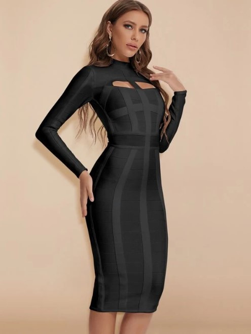 knee length dresses for ladies Winslow Black High Neck Side Slit Bandage Dress main image 0