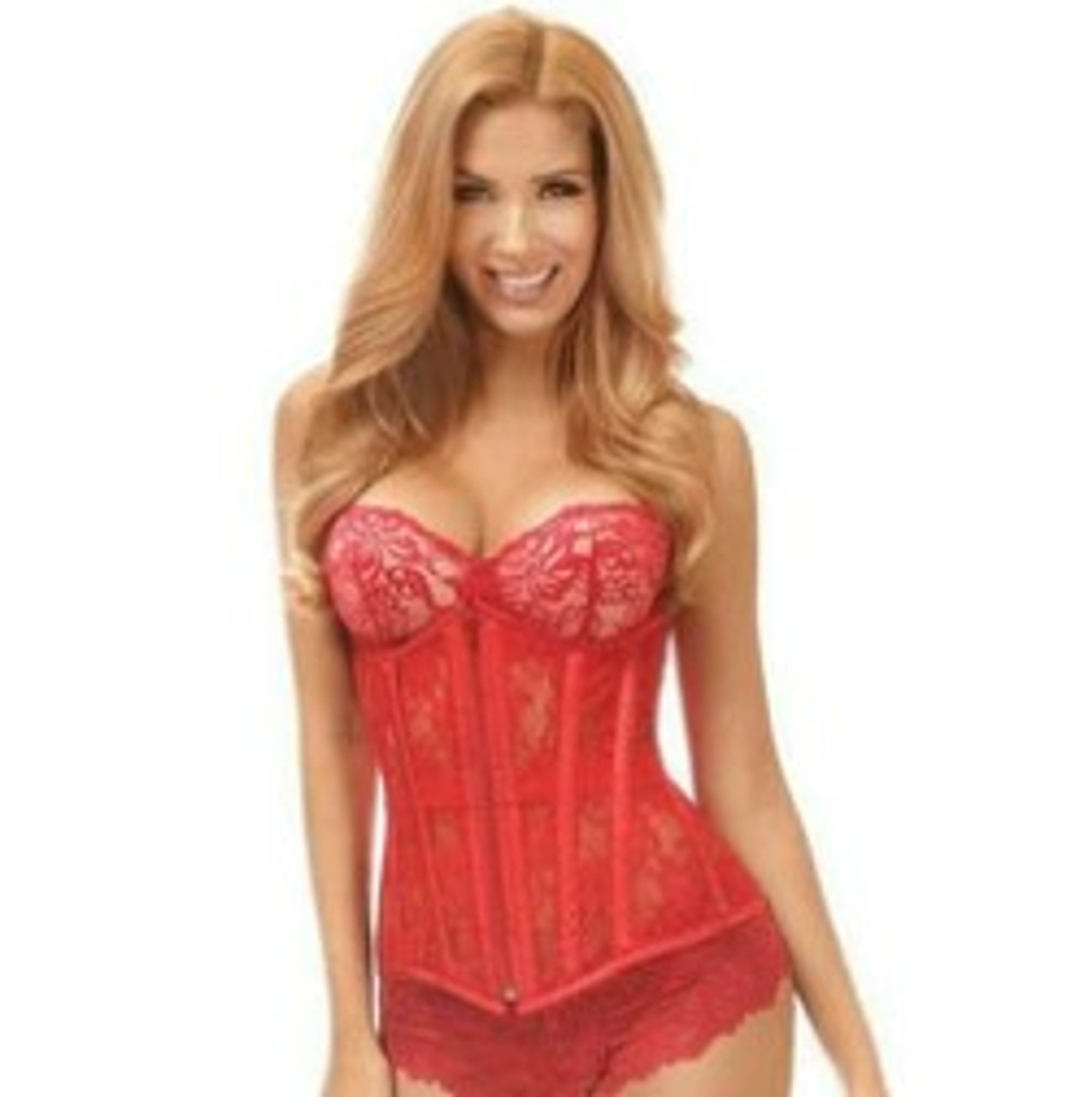 Lavish Wet Look Under Bust Corset Red w/Lace Overlay