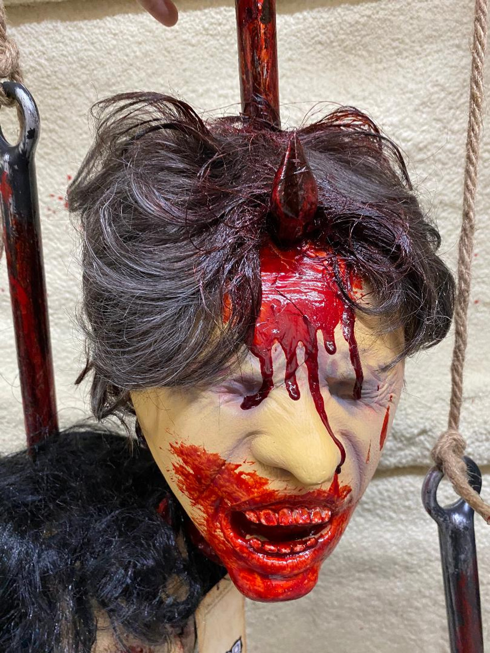 Detailed Latex Severed Head w Meat Hook Halloween Prop
