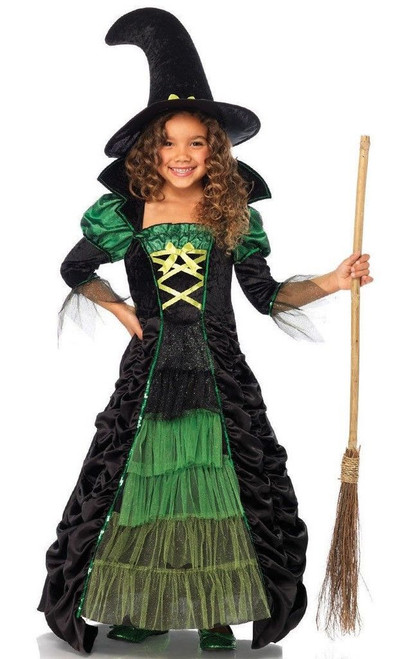 Girl's Storybook Witch Green & Black Dress & Hat