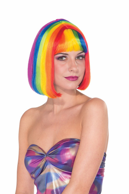 Rainbow Chic Bob Wig : Red Lime Green Yellow Orange Blue Dark Pink & Black