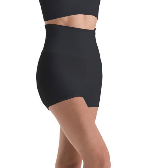 You'll revel in the security and cushness of Motionwear's High-Waist Shorts. The high waist makes a fashionable return in these chic shorts, and it remains in place for the most demanding of performances. The high waist is balanced with a short yet modest inseam,  2 3/4 for Adult Medium. Legs are straight, with snug openings. Motionwear offers this dance apparel in several hues, color matched to many of our popular bra tops, leotards and other dancewear