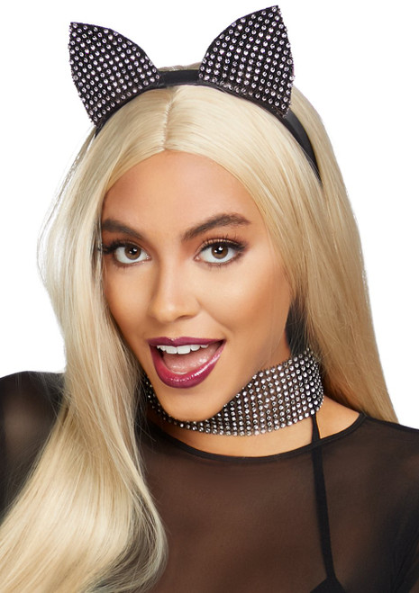 2 PC. Rhinestone cat ear headband and choker set.