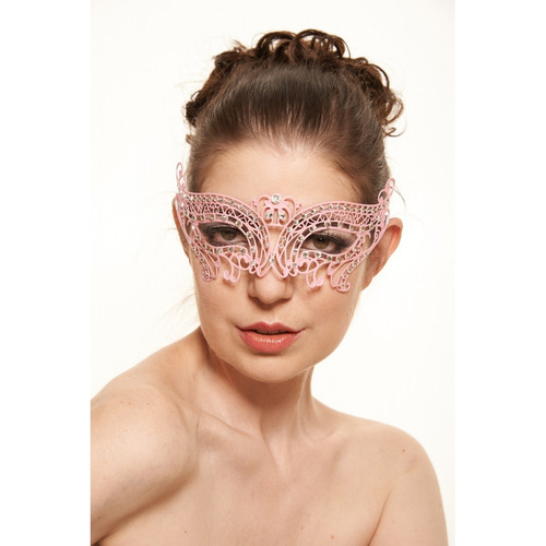 Pink Laser Cut Eye Mask with Clear Stones White Satin Tie