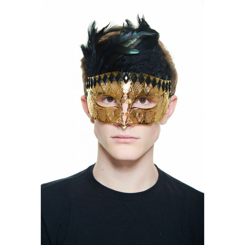 Gold Laser Cut Metal Venetian Mask with Black Stones & Black Feathers