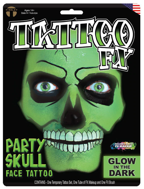 Party Skull Face Tattoo Kit Glow in the Dark Tattoos Makeup Instructions