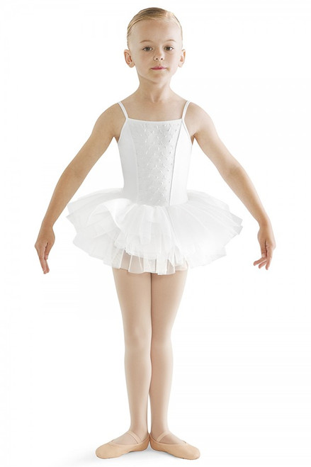 Dance on cloud nine in this dreamy camisole tutu dress. This adorable dress features an embroidery anglaise front panel for a sweet design. At the waist, an attached tutu skirt crafted with graduating layers of soft tulle, creating a full and voluminous traditional ‘tutu look’. An all in one piece which is easy for a young dancer to wear comfortably over a pair of ballet tights.

Features

Straight front and back
Embroidered anglaise front panel
Camisole style
Attached full tutu skirt
Ballet leg line
Full front lining
Notes

Machine wash cold, lay flat to dry