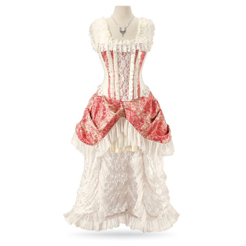 Gypsy High Low Victorian Corset Dress In Coral Cream Jacquard