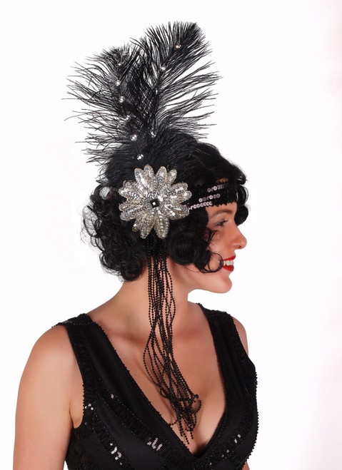 Sequins Flapper Headband with Beads and Feather