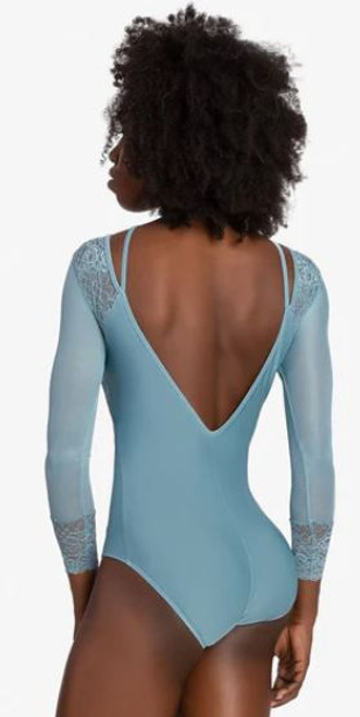 SoDanca Adult Mesh Spandex Long Sleeve Leotard With Floral Lace Overlay