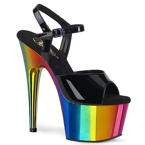 7" (178mm) Heel, 2 3/4" (70mm) Platform Ankle Strap Sandal Featuring Rainbow Chrome Plated Platform Bottom